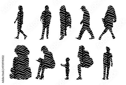 Vector illustration, Outline silhouettes of people, Contour drawing, people silhouette, Icon Set Isolated , Silhouette of sitting people, Architectural set