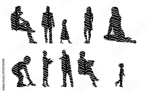 Vector illustration, Outline silhouettes of people, Contour drawing, people silhouette, Icon Set Isolated , Silhouette of sitting people, Architectural set