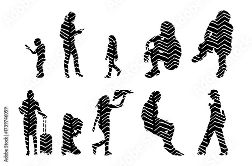 Vector illustration, Outline silhouettes of people, Contour drawing, people silhouette, Icon Set Isolated , Silhouette of sitting people, Architectural set