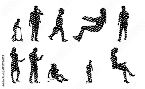 Vector illustration, Outline silhouettes of people, Contour drawing, people silhouette, Icon Set Isolated , Silhouette of sitting people, Architectural set