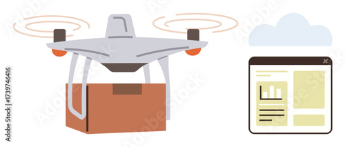 Delivery quadcopter carrying package towards destination, paired with tracking interface. Ideal for logistics, e-commerce, cloud technology, innovation, automation, transportation, digital tools