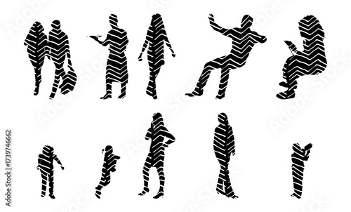 Vector illustration, Outline silhouettes of people, Contour drawing, people silhouette, Icon Set Isolated , Silhouette of sitting people, Architectural set