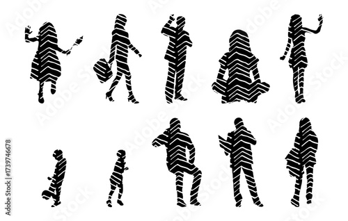 Vector illustration, Outline silhouettes of people, Contour drawing, people silhouette, Icon Set Isolated , Silhouette of sitting people, Architectural set
