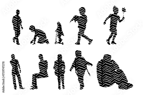 Vector illustration, Outline silhouettes of people, Contour drawing, people silhouette, Icon Set Isolated , Silhouette of sitting people, Architectural set
