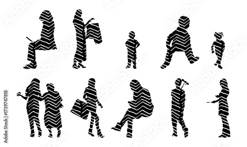 Vector illustration, Outline silhouettes of people, Contour drawing, people silhouette, Icon Set Isolated , Silhouette of sitting people, Architectural set