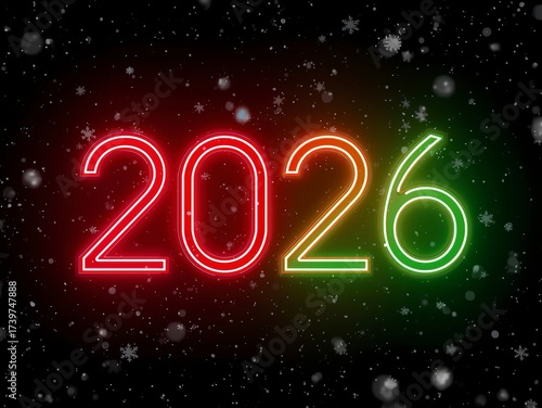 Exciting 2026 new year countdown with vibrant neon glow and falling snowflakes, perfect for festive promotions and futuristic celebrations