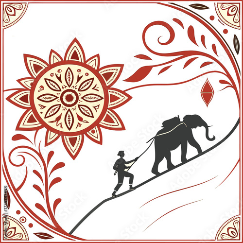 Man and elephant climbing steep hill with decorative border