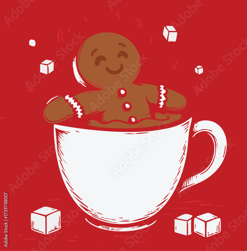 Gingerbread Man Relaxing in a Mug of Hot Chocolate with Sugar Cubes