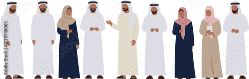 arab people group vector illustration, muslim men women in traditional clothing, arabic business team meeting, middle east culture dress, islamic fashion design art