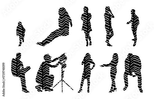 Vector illustration, Outline silhouettes of people, Contour drawing, people silhouette, Icon Set Isolated , Silhouette of sitting people, Architectural set