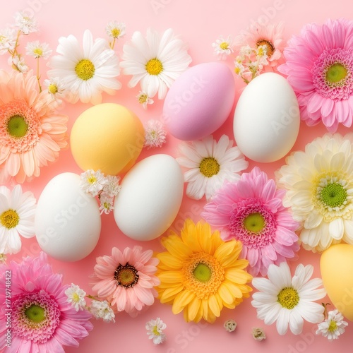 Pastel Easter scene with eggs among colorful gerbera daisies and small white flowers