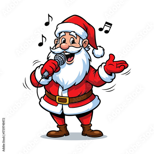 Vector art of santa claus singing into a microphone with musical notes around him, spreading christmas cheer and joy