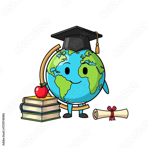 Vector art of globe character wearing graduation cap standing next to books and diploma, symbolizing global education and learning