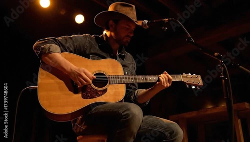 Man playing acoustic guitar on stage with warm lighting  