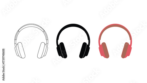 Vector art of three headphone icons in different styles, outline, silhouette, and color