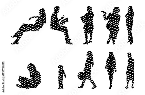 Vector illustration, Outline silhouettes of people, Contour drawing, people silhouette, Icon Set Isolated , Silhouette of sitting people, Architectural set