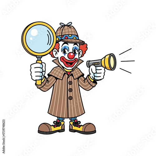Vector art of clown detective, holding magnifying glass and flashlight, wearing a striped coat and hat, smiling friendly