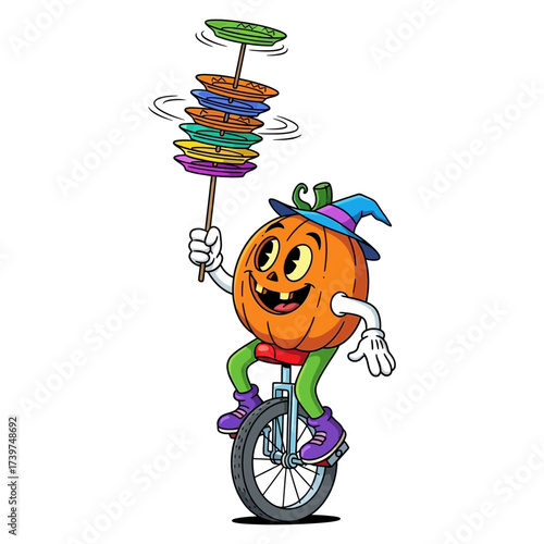Vector art of a whimsical pumpkin character rides a unicycle while balancing a stack of colorful cookies