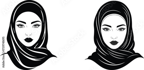 beautiful woman face illustration in hijab, muslim girl portrait, islamic fashion style vector art, traditional headscarf design, elegant female beauty