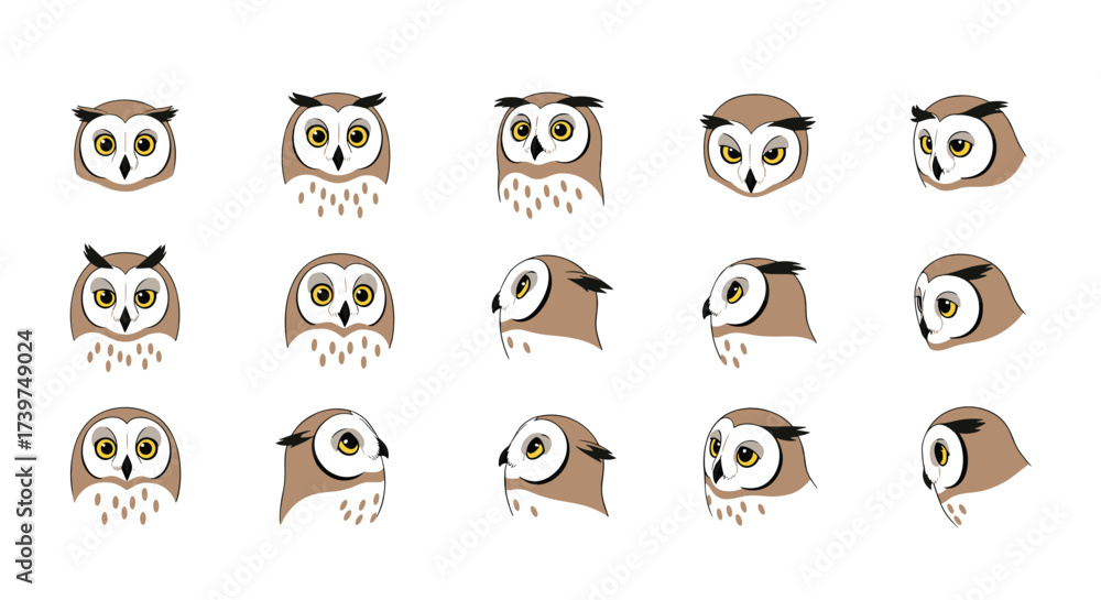 Fototapeta premium A collection of cute cartoon owl heads shown from various angles.