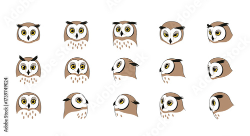 A collection of cute cartoon owl heads shown from various angles.