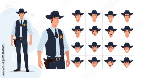 A collection of western sheriff character expressions and poses for animation