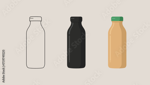 Vector art of three glass milk bottles in different styles line art, silhouette, and color illustration