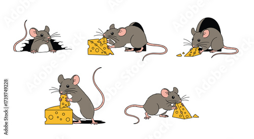 Several cartoon mice are shown in various poses interacting with a wedge of yellow cheese.