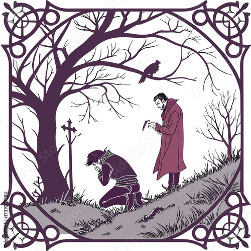 Gothic scene of grief and contemplation in a graveyard with a raven