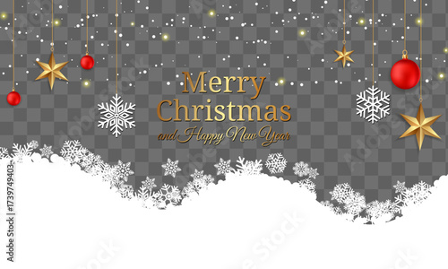 Golden Merry Christmas and Happy New Year letters with red and gold ornaments hang