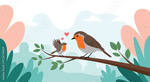 A parent robin teaching its young bird about the world.