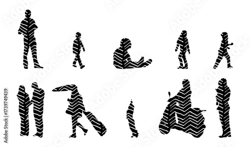 Vector illustration, Outline silhouettes of people, Contour drawing, people silhouette, Icon Set Isolated , Silhouette of sitting people, Architectural set