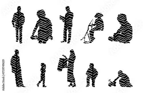 Vector illustration, Outline silhouettes of people, Contour drawing, people silhouette, Icon Set Isolated , Silhouette of sitting people, Architectural set