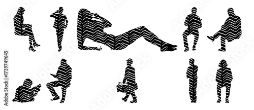 Vector illustration, Outline silhouettes of people, Contour drawing, people silhouette, Icon Set Isolated , Silhouette of sitting people, Architectural set