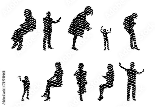 Vector illustration, Outline silhouettes of people, Contour drawing, people silhouette, Icon Set Isolated , Silhouette of sitting people, Architectural set