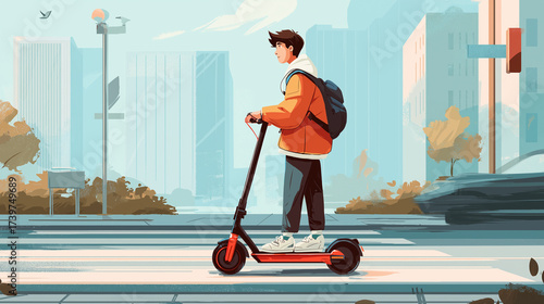 Teenager riding electric scooter in city street