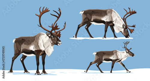 Beautifully rendered pixel art illustrations of caribou in a snowy winter landscape.