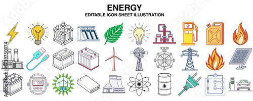 Energy Icons Diverse illustrations for renewable and sustainable power sources and related elements