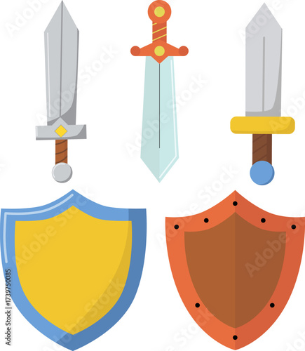 Vector set of shields and swords. Isolated illustrations of swords and shields for video games.