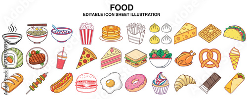 A vibrant and comprehensive collection of diverse food icons, featuring delicious meals, snacks, and global cuisine illustrations for various design projects and applications