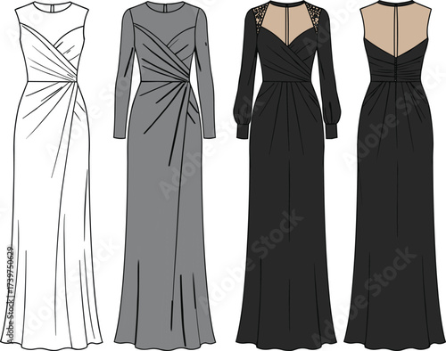 Elegant evening gown fashion design, dress flat sketch, long sleeve formal dress, women clothing template, garment illustration, couture style, CAD drawing vector