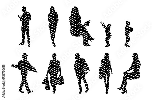 Vector illustration, Outline silhouettes of people, Contour drawing, people silhouette, Icon Set Isolated , Silhouette of sitting people, Architectural set