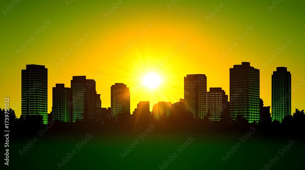 Naklejka premium Vibrant Sunrise Cityscape Silhouette Golden Hour Urban Skyline