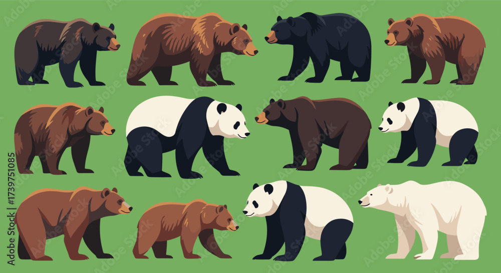 Obraz premium A charming collection of diverse bear species illustrated in a simple pixel art style. Each bear stands on a muted green background, showcasing various types.