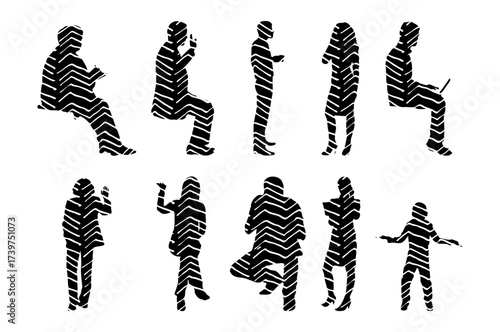 Vector illustration, Outline silhouettes of people, Contour drawing, people silhouette, Icon Set Isolated , Silhouette of sitting people, Architectural set