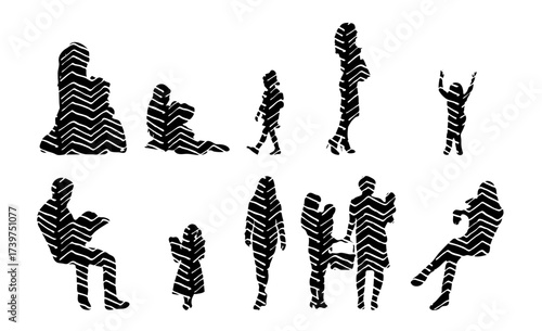 Vector illustration, Outline silhouettes of people, Contour drawing, people silhouette, Icon Set Isolated , Silhouette of sitting people, Architectural set