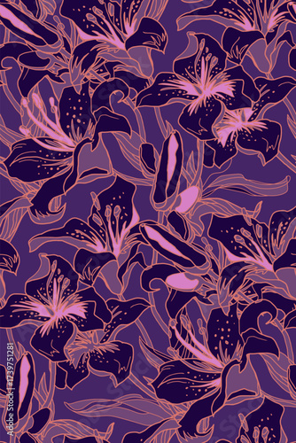 Vector modern seamless pattern with silhouettes and contour of Lily flowers drawn by hand in velvet violet and very peri tones. Trendy home textile, wallpaper, fabric, bedding, package.