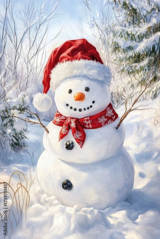 Obraz premium Cheerful snowman in red santa hat on a bright winter day