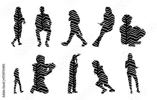 Vector illustration, Outline silhouettes of people, Contour drawing, people silhouette, Icon Set Isolated , Silhouette of sitting people, Architectural set