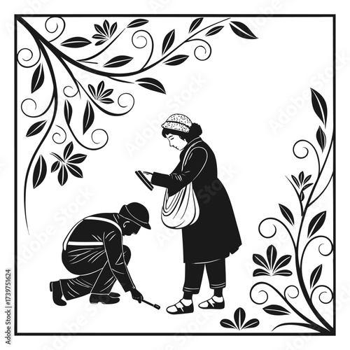 Silhouette of a gardener tending to plants with a woman looking at her phone